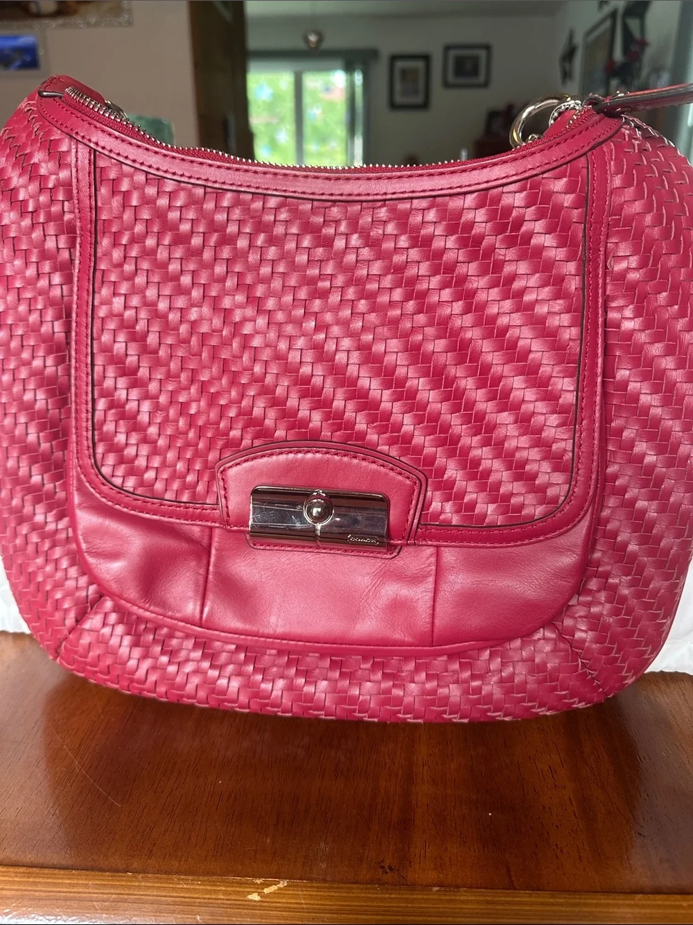 Coach Woven Leather Shoulder Bag in Raspberry - Picture 1 of 7